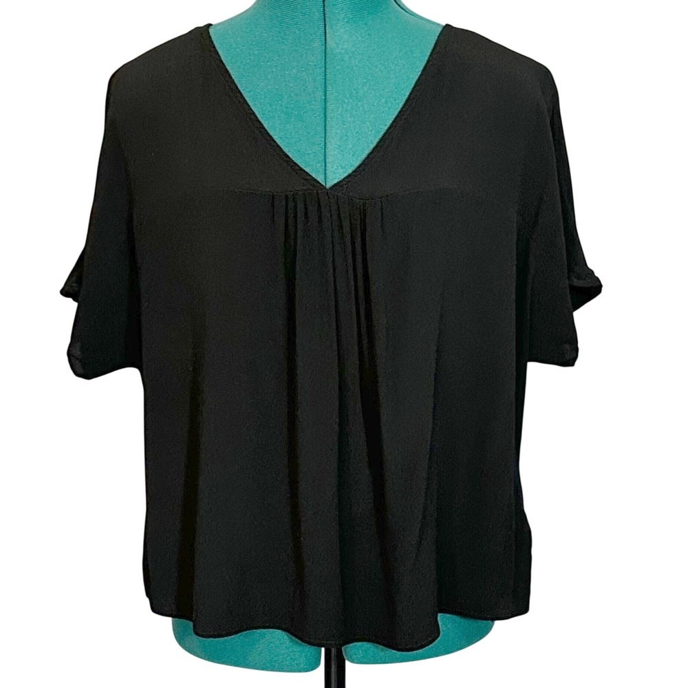 Madewell Black Viscose Crepe V-Neck Pleated Short Sleeve Top J8521 Womens Small